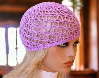 Purple summer hat Crochet beanie Handmade lace hat Skull cap Boho beach hat