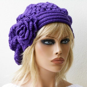 Purple crochet beret Womens knit hat with flower Oversized beret Alpaca wool boho hat Cozy gifts for women image 2