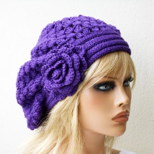 Purple crochet beret Womens knit hat with flower Oversized beret Alpaca wool boho hat Cozy gifts for women image 1
