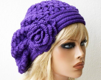 Purple crochet beret Womens knit hat with flower Oversized beret Alpaca wool boho hat Cozy gifts for women