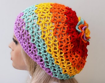 Summer slouchy hat Rainbow beanie Flower beret Crochet lace hat Crochet summer beanie