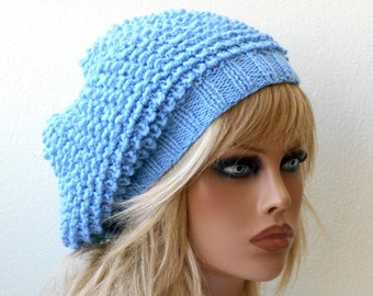 Alpaca winter hat Blue hand knit beret Slouchy hat wool Beret for women