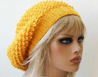 Alpaca winter hat Womens beret Yellow handmade hat Knit beret