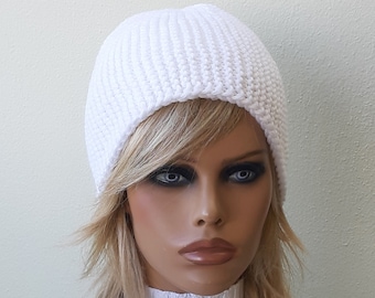 Alpaca beanie Wool hat women White hand knit hat Chemo headwear