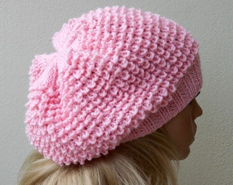 Oversized beret Knitwear women Alpaca winter hat Slouchy beanie Pink knit beret