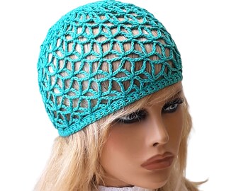 Turquoise summer hat Mesh  beanie Ladies lace hat Crochet beach hat Retro hat