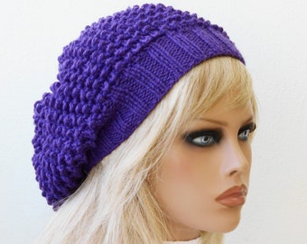 Alpaca winter hat Oversized beret Purple knit hat Slouchy beret for women