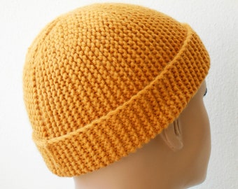 Short mens beanie Mustard Yellow fisherman hat Alpaca wool knit hat for men Birthday gifts for him