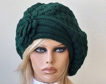 Flower hat Knit beret Green crochet hat Cute beret Chunky knit hat Oversized beret Knit hat with flower Crochet beret