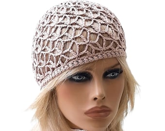 Net hat Cotton beanie Womens summer hat Mesh crochet beanie Beige lace hat