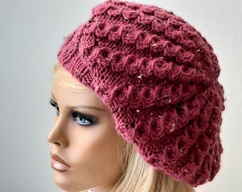 Dusty Pink hat Wool knit beret Oversized beanie Tweed beret Braided slouchy hat Ready to ship