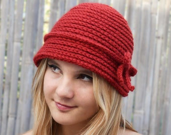 Winter bucket hat for women Hand knit beanie Handmade gift for her Rust beanie Handmade alpaca hat