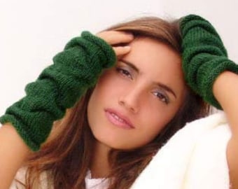 Alpaca arm warmers Green knit mittens Half finger gloves Crochet gloves