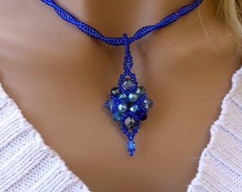 Blue crystal necklace Beaded necklace Long rope necklace Seed bead pendant Cute locket necklace Beaded lariat necklace Blue beaded pendant