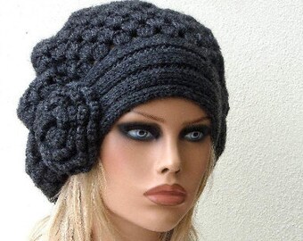 Beret for women Flower boho hat Wool beret women Oversized knit hat Gray beret hat