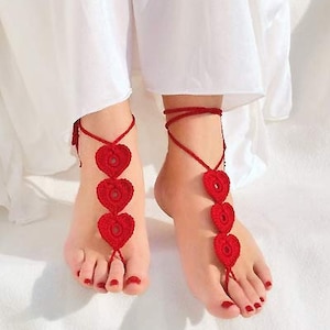 Valentines day gift Red heart barefoot sandals Crochet foot jewelry image 1