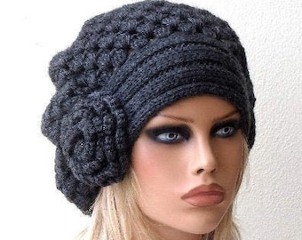 Womens knit hat with flower Wool beret women Winter chemo hat Gray boho hat Flower beret