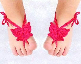 Hot Pink butterfly barefoot Baby crochet barefoot sandals Kids barefoot Christening sandals