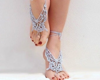 Beach barefoot Butterfly Silver foot jewelry Wedding barefoot sandals