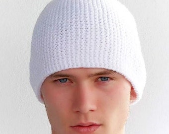 Mens hand knit hat Fisherman beanie hat Teen boy hats White acrylic beanie