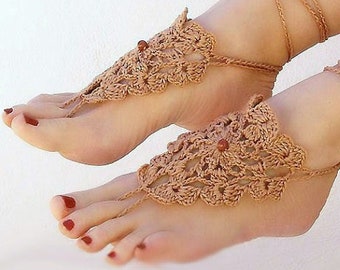 Tan barefoot sandals Boho sandals Bottomless sandals wedding Bridal barefoot Footless sandals Beach wedding Crochet anklets