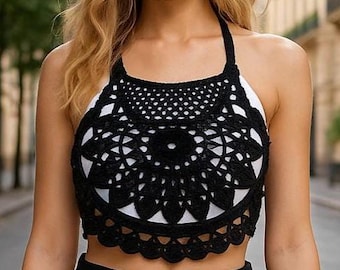 Handmade Black Lace Crochet Crop Top – Sheer Boho Summer Top