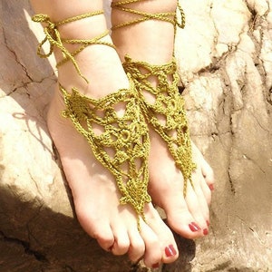 Olive Green crochet barefoot sandals Crochet anklet Wedding barefoot Boho barefoot Beach wedding sandals Footless sandals Bottomless sandals image 1