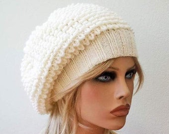 Knit beret Women's oversized hat Crochet hat Beret for women Chemo beanie Slouchy hat Alpaca gifts Cream beret Unique knit hat Beret hat