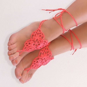 Peach Coral barefoot sandals Crochet footless sandals Sexy foot jewelry Lace barefoot Bottomless sandals wedding Foot fetish jewelry image 2