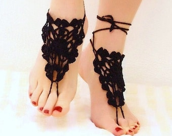 Black crochet lace barefoot sandals Belly dance barefoot Footless sandals