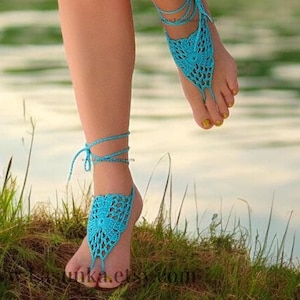Crochet barefoot sandals Handmade foot jewelry Beach wedding barefoot Turquoise leg accessory