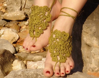 Olive Green crochet sandals Lace barefoot sandals Bottomless sandals wedding Foot beach wear Lace foot jewelry