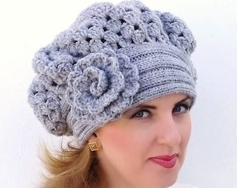 Boho hat with flower Slouchy beret Gray crochet hat Beret for women