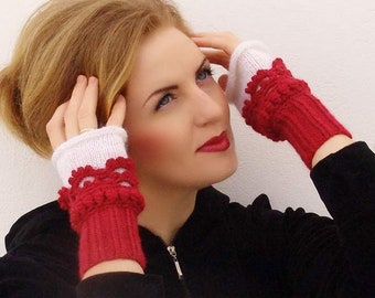 Driving gloves women Alpaca wool gloves Fingerless mittens Red boho gloves