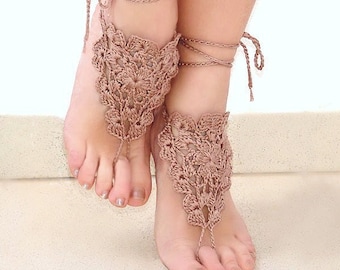 Milk Chokolate lace barefoot sandals Crochet footless sandals Belly dance barefoot