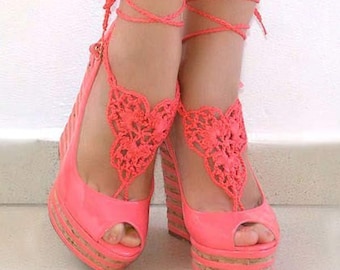 Peach Coral barefoot sandals Crochet footless sandals Sexy foot jewelry Lace barefoot Bottomless sandals wedding Foot fetish jewelry