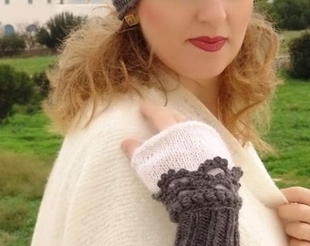 Knit gloves Fingerless mittens Gray alpaca gloves Half finger gloves Boho crochet cuffs