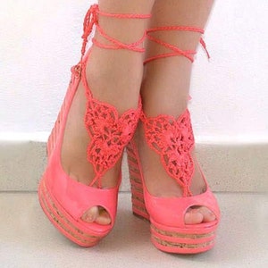 Peach Coral barefoot sandals Crochet footless sandals Sexy foot jewelry Lace barefoot Bottomless sandals wedding Foot fetish jewelry image 1