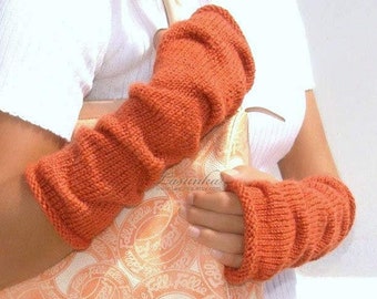 Orange gloves Mittens for women Fingerless gloves Wool handknit gloves