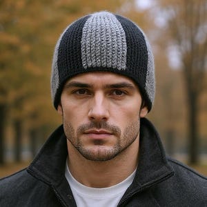 Colorblock Mens Knit Beanie – Black and Gray Wool Hat, Two-tone beanie Upcycled Winter Beanie, Handmade Gift for Him