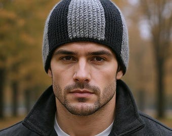 Colorblock Mens Knit Beanie – Black and Gray Wool Hat, Two-tone beanie Upcycled Winter Beanie, Handmade Gift for Him