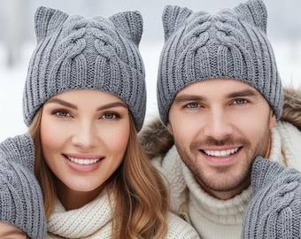 Knit Matching Hat - Cat Ear Beanie - Alpaca Wool Hats for Family Bonding Time