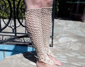 Cream beach wedding shoes Barefoot sandals Fishnet stockings