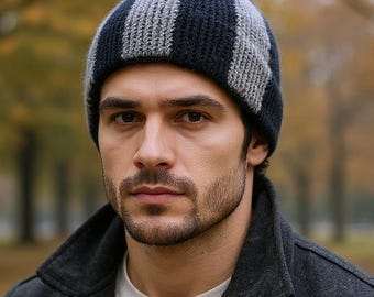 Handmade custom hat Mens beanie Patchwork hat Two tone beanie Christmas guys gift