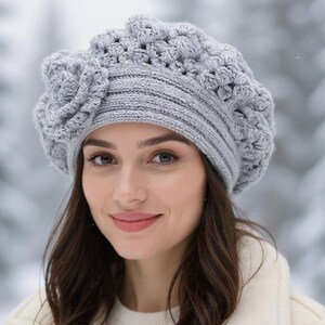 Boho hat with flower Slouchy beret Gray crochet hat Beret for women Gift for her