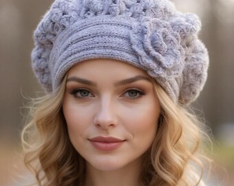 Gray beret for women Knit hat with flower Oversized beret Mother daughter gift Christmas gift for her