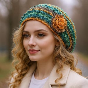 Handmade Knit Hat with Flower – Glossy Satin Cottagecore Beret in Vibrant Green