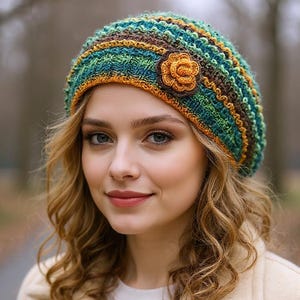 Flower Accent Beret – Handmade Knit & Crochet Slouchy Hat, Cottagecore Style for Women