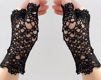 Goth gloves Evening short gloves Crochet mittens Fingerless gloves Lace wedding gloves