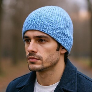 Mens beanie Alpaca hat Fisherman beanie Knit chemo hat Sky Blue mens hat Wool ski hat 30th birthday gift for men Fitted beanie hat